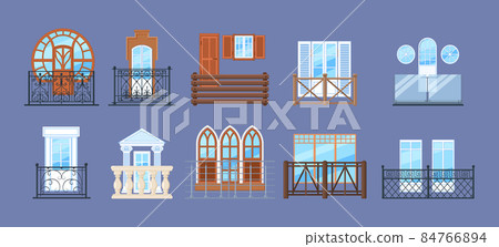 Vintage balcony with fence facade building. Balcony windows, house facade of wooden banister porch or metal forged fences. Home facade balconies with windows, doors retro decor 84766894