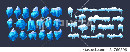 Realistic crystals of clean ice iceberg and snow caps with icicles set. Cooling crystals, iceberg broken of ice, cold frozen crystal blocks ice, winter cool landscapes 84766898