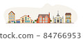 Urban street horizontal panorama. City life with house facades, road tree. Panoramic view of modern exterior buildings, cottages, church, country houses. 84766953