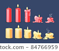Burning candles flame set. Cartoon burning yellow and red wax candles on the different stages of burning from a whole before an extinguished candle to cinder 84766959