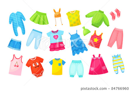 Multicolored seasonal childish clothes set. Ornamental cute wardrobe clothing for little boy or girl Multicolored seasonal childish clothes set. Ornamental cute wardrobe clothing for little boy or girl 84766960