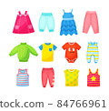 Multicolored seasonal childish clothes set. Ornamental cute wardrobe clothing for little boy or girl 84766961