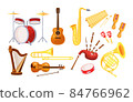 Musical metal wood acoustic instruments set: violin, tambourine, harp, trombone, bagpipe, saxophone, accordion, guitar, drum, tambourine, bagpipes, maracas, rumba 84766962