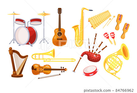 Musical metal wood acoustic instruments set: violin, tambourine, harp, trombone, bagpipe, saxophone, accordion, guitar, drum, tambourine, bagpipes, maracas, rumba Musical metal wood acoustic instruments set: violin, tambourine, harp, trombone, bagpipe, saxophone, accordion, guitar, drum, tambourine, bagpipes, maracas, rumba 84766962