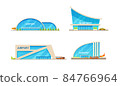 Airport terminal building and airplanes, taxi, car, loader. Airplane on the runway. Modern architecture building airport. Public transport, taxi cars 84766964