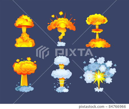 Set of nuclear bomb explosion. Huge abstract blast fire and clouds exploded with flame fire Set of nuclear bomb explosion. Huge abstract blast fire and clouds exploded with flame fire 84766966