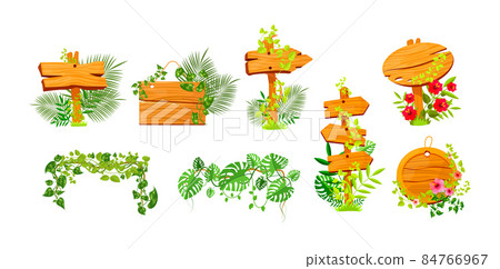 Set of pointer wooden board covered by liana branches with place for text natural tropical leaves Set of pointer wooden board covered by liana branches with place for text natural tropical leaves 84766967