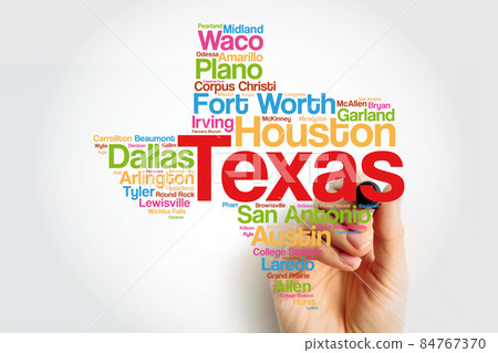 List of cities in Texas USA state word cloud map with marker, concept background 84767370