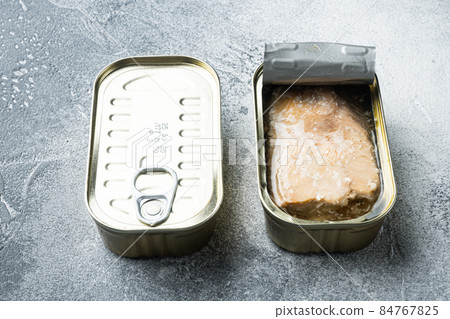 Canned wild Trout, in tin can, on gray background 84767825