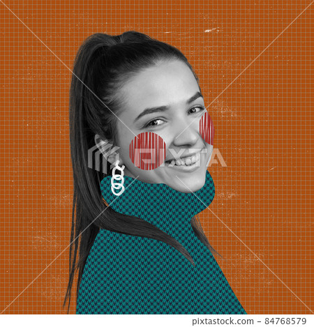 Artwork. Contemporary collage. Modern design. Ideas, inspiration. Young attractive girl wearing digital outfit Artwork. Contemporary collage. Modern design. Ideas, inspiration. Young attractive girl wearing digital outfit 84768579