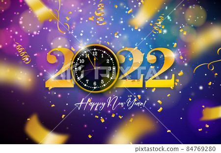 Happy New Year 2022 Illustration with Gold Number, Clock and Falling Confetti on Colorful Blurry Background. Vector Christmas Holiday Season Design for Flyer, Greeting Card, Banner, Celebration Poster Happy New Year 2022 Illustration with Gold Number, Clock and Falling Confetti on Colorful Blurry Background. Vector Christmas Holiday Season Design for Flyer, Greeting Card, Banner, Celebration Poster 84769280