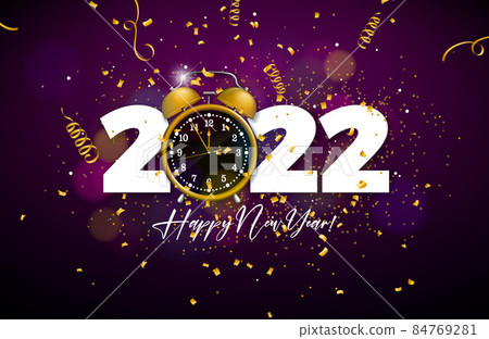 Happy New Year 2022 Illustration with Number, Clock and Falling Confetti on Colorful Blurry Background. Vector Christmas Holiday Season Design for Flyer, Greeting Card, Banner, Celebration Poster 84769281