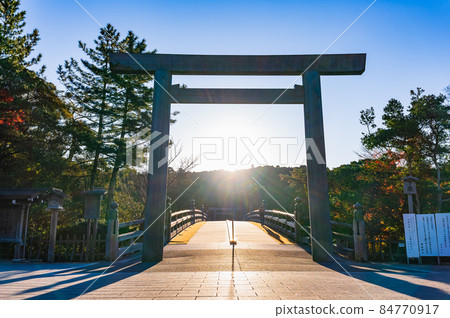 Asahi rising from Ise Jingu Naiku Ujibashi Torii 84770917