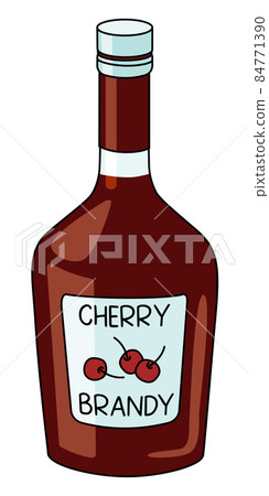 Classic red sweet cherry liqueur in a bottle. Doodle cartoon hipster style vector illustration isolated on white background. For party card, posters, bar menu or alcohol cook book. 84771390