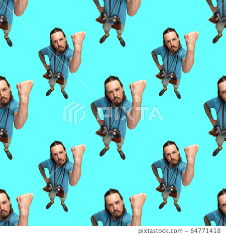 Seamless pattern made of portraits of male cameraman with retro camera isolated on navy studio background. Seamless pattern made of portraits of male cameraman with retro camera isolated on navy studio background. 84771418