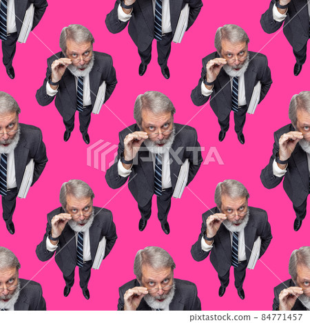 Seamless pattern. Funny elderly gray-bearded man, professor looking at camera isolated on magenta studio background. Seamless pattern. Funny elderly gray-bearded man, professor looking at camera isolated on magenta studio background. 84771457
