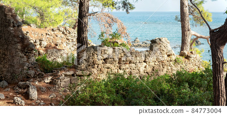 ruins of ancient buildings on the seashore on the site of the former harbor of Phaselis, Turkey 84773004