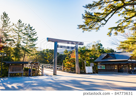 Ise Jingu Naiku Ujibashi Torii illuminated by the morning sun 84773631