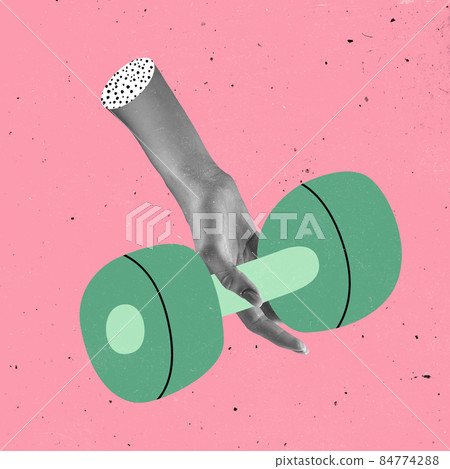 Hands aesthetic holding drawn weights on light background, artwork. Concept of sport, active lifestyle, symbolism, surrealism. Hands aesthetic holding drawn weights on light background, artwork. Concept of sport, active lifestyle, symbolism, surrealism. 84774288