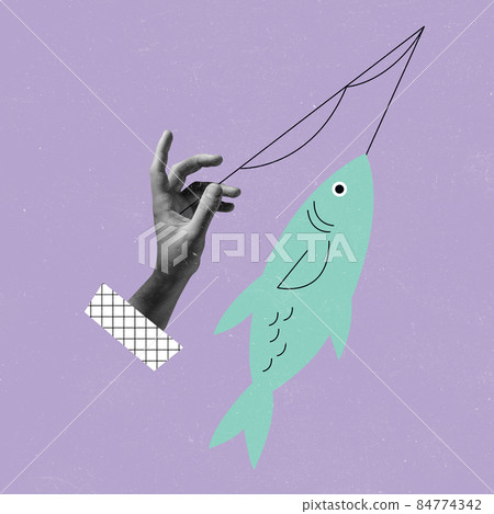 Hands aesthetic fishing on light background, artwork. Concept of human relation, community, togetherness, symbolism, surrealism. 84774342