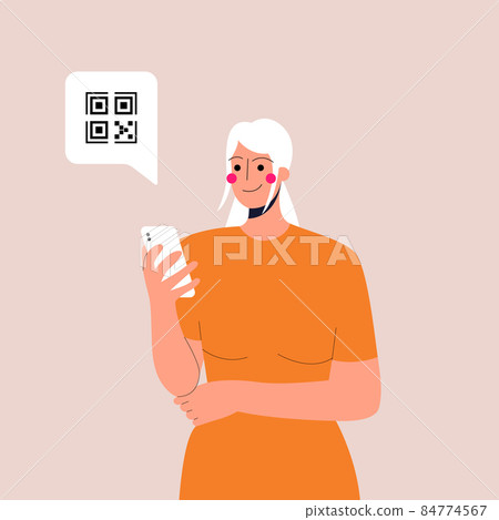 Female cartoon character holding smartphone with QR sign. Concept of electronic id, identification, vaccine passport or certificate, QR verification, online shopping. Vector illustration. Eps 10 Female cartoon character holding smartphone with QR sign. Concept of electronic id, identification, vaccine passport or certificate, QR verification, online shopping. Vector illustration. Eps 10 84774567