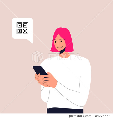 Young female cartoon character holding smartphone with QR sign. Concept of electronic id, identification, vaccine passport or certificate, QR verification, online shopping. Vector illustration. Eps 10 Young female cartoon character holding smartphone with QR sign. Concept of electronic id, identification, vaccine passport or certificate, QR verification, online shopping. Vector illustration. Eps 10 84774568