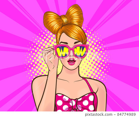 Wow surprised woman open mouth holding sunglasses in her hand 84774989