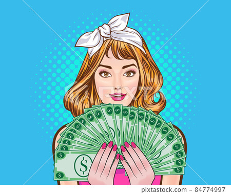 woman smile and show lot of money in hands woman smile and show lot of money in hands 84774997