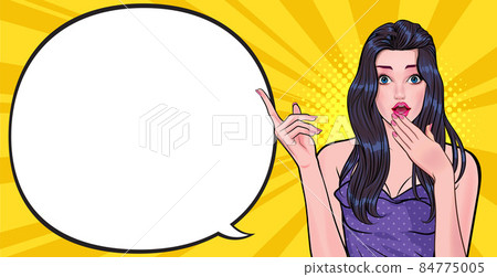 surprised woman telling something and pointing speech bubble 84775005