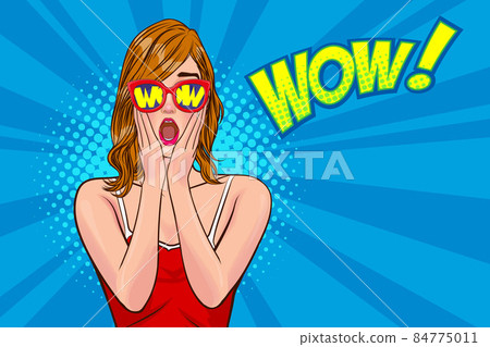 surprised woman in sunglasses open mouth Wow and hands on cheeks surprised woman in sunglasses open mouth Wow and hands on cheeks 84775011