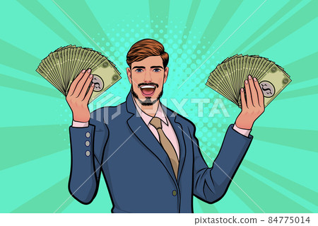 surprised business man smile and show lot of money in hands surprised business man smile and show lot of money in hands 84775014