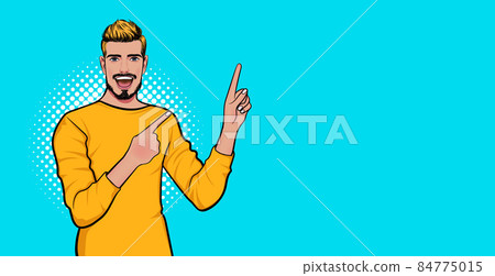 surprised smile man point finger at empty space surprised smile man point finger at empty space 84775015