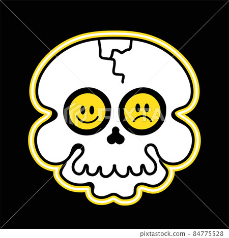 Skull with sad and happy smile emoji eyes. Vector hand drawn doodle 70s style cartoon character illustration. Trippy smile face, skull concept 84775528