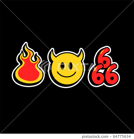 Funny demon smile face,hell fire,666 numbers t-shirt print.Vector cartoon character illustration icon design.Demon horns smile face,satanic,devil,fire,hell print for t-shirt,clothing,poster concept Funny demon smile face,hell fire,666 numbers t-shirt print.Vector cartoon character illustration icon design.Demon horns smile face,satanic,devil,fire,hell print for t-shirt,clothing,poster concept 84775634