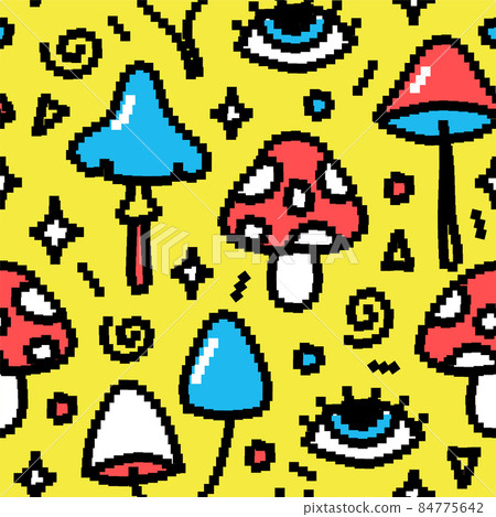 Funny magic mushroom pixel art seamless pattern. Vector doodle cartoon graphic illustration design. Trippy psilocybin magic mushroom pixel art,8 bit,16 bit style print seamless pattern concept 84775642