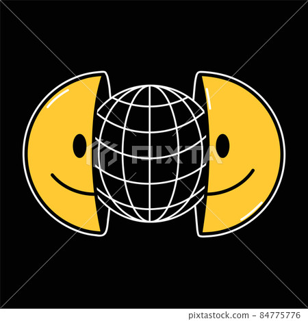 Two half of smile face with globe earth sphere grid inside. Vector hand drawn line doodle 90s style cartoon character illustration. Trippy smile smiley face, earth spere planet meridian grid concept 84775776