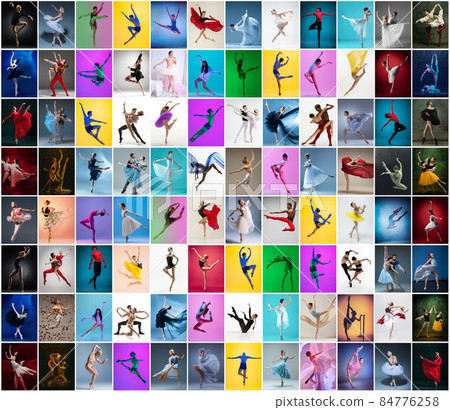 Graceful young men and women, ballet dancers in stage costumes dancing isolated on multicolored background in neon light. Graceful young men and women, ballet dancers in stage costumes dancing isolated on multicolored background in neon light. 84776258