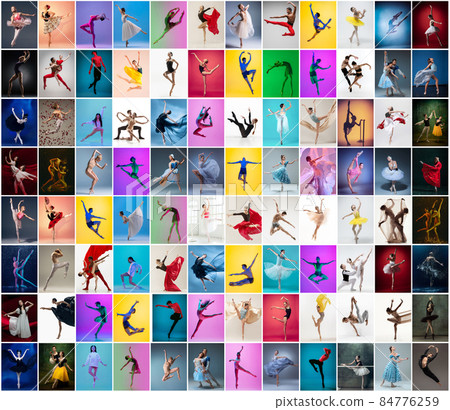 Art collage made of portraits of female and male ballet dancers in stage costumes dancing isolated on multicolored background in neon light. Art collage made of portraits of female and male ballet dancers in stage costumes dancing isolated on multicolored background in neon light. 84776259