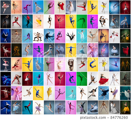 Photo set of female and male ballet dancers in stage costumes dancing isolated on multicolored background in neon light. Photo set of female and male ballet dancers in stage costumes dancing isolated on multicolored background in neon light. 84776260