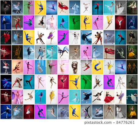 Art collage made of portraits of female and male ballet dancers in stage costumes dancing isolated on multicolored background in neon light. Art collage made of portraits of female and male ballet dancers in stage costumes dancing isolated on multicolored background in neon light. 84776261