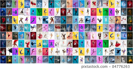 Art collage made of portraits of female and male ballet dancers in stage costumes dancing isolated on multicolored background in neon light. Art collage made of portraits of female and male ballet dancers in stage costumes dancing isolated on multicolored background in neon light. 84776263