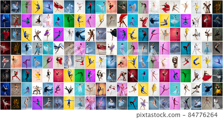 Art collage made of portraits of female and male ballet dancers in stage costumes dancing isolated on multicolored background in neon light. Art collage made of portraits of female and male ballet dancers in stage costumes dancing isolated on multicolored background in neon light. 84776264