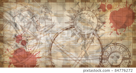 Vintage antique map background, engraving ship, splash, compass, vector retro travel pirate paper Vintage antique map background, engraving ship, splash, compass, vector retro travel pirate paper 84776272