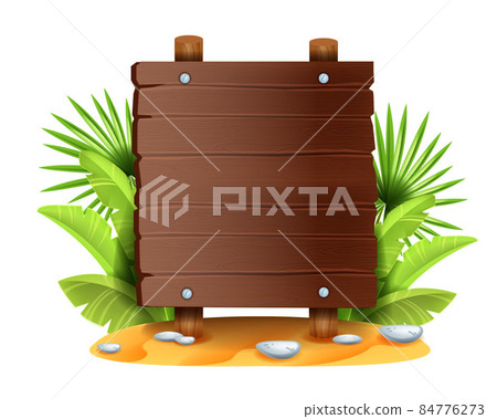 Jungle wooden sign board, exotic leaf, vector tropical forest game menu panel frame. Jungle wooden sign board, exotic leaf, vector tropical forest game menu panel frame. 84776273