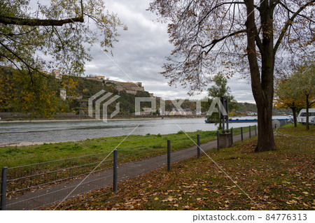 German corner, Koblenz were Rhein and Mosel meet. The fortress Ehrenbreitstein in the background 84776313