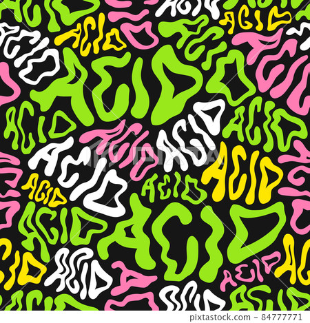 Deformed wavy acid word and melt smile face seamless pattern wallpaper.Vector graphic character illustration.Smile faces melt,lsd,surreal,acid,trippy lettering seamless pattern wallpaper print concept 84777771
