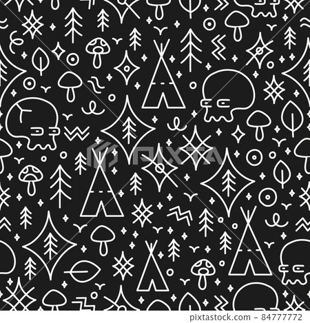 Ethnic ancient shamanic tribal style fashion seamless pattern. Vector hand drawn doodle cartoon line illustration. Primitive tribal,shaman,indian,shamanic,magic mushroom,floral seamless pattern 84777772
