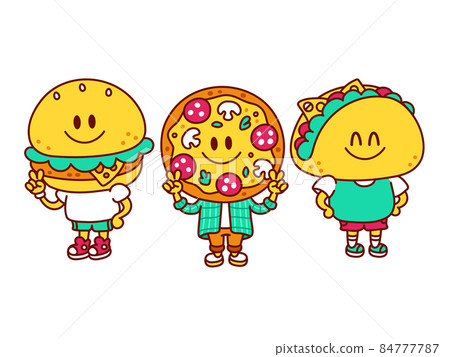 Cute funny happy pizza,burger,taco mascot set collection. Vector doodle line cartoon kawaii character illustration icon. Isolated on white background. Pizza,taco,burger,food cartoon mascot concept Cute funny happy pizza,burger,taco mascot set collection. Vector doodle line cartoon kawaii character illustration icon. Isolated on white background. Pizza,taco,burger,food cartoon mascot concept 84777787