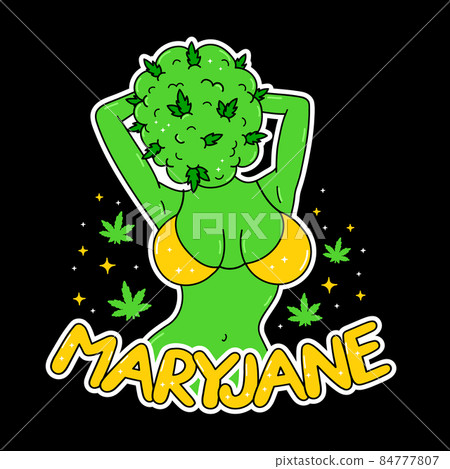 Young woman with weed bud head. Mary Jane quote.Vector hand drawn trendy cartoon logo illustration. Lady,woman,green weed bud,cannabis,marijuana fashion print for t-shirt,poster,logo,sticker concept 84777807