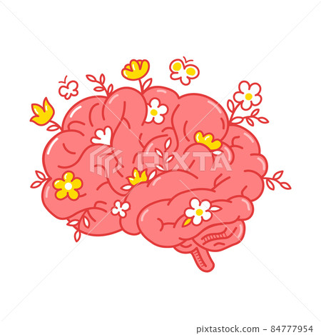 Human brain organ with flowers. Vector hand drawn doodle line style cartoon character logo illustration. Isolated onw hite background. Human brain organ,healthy mind,flowers,psychotherapy logo concept Human brain organ with flowers. Vector hand drawn doodle line style cartoon character logo illustration. Isolated onw hite background. Human brain organ,healthy mind,flowers,psychotherapy logo concept 84777954